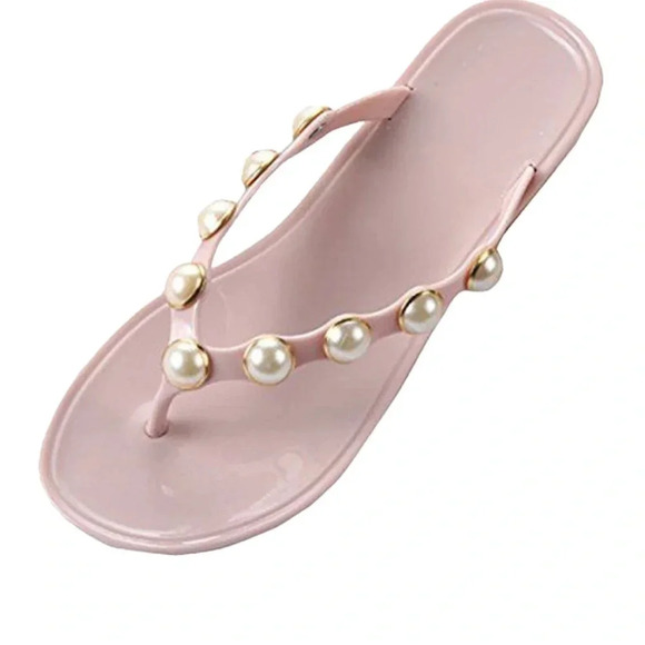 Luxe fashion nude pink pearl studded thong jelly slippers Sz  L - Picture 3 of 10